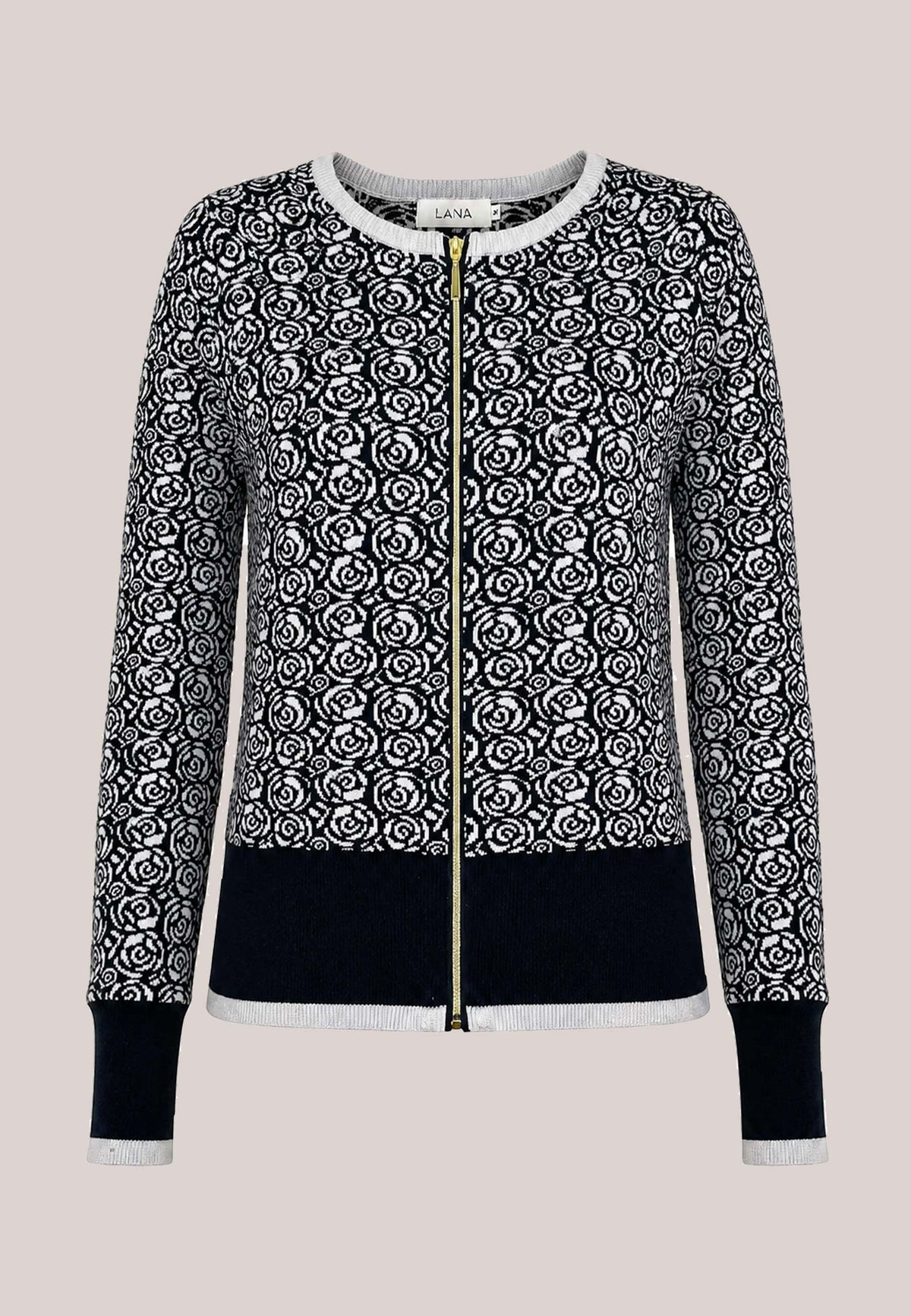 Jacke, Modell Alison mit schwarz-weißem Rosenmuster und Reißverschluss