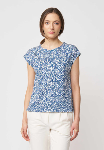 Shirt, Modell Kim mit blauem Blumenprint, kurzen Ärmeln und leichter Passform aus angenehm weichem Material