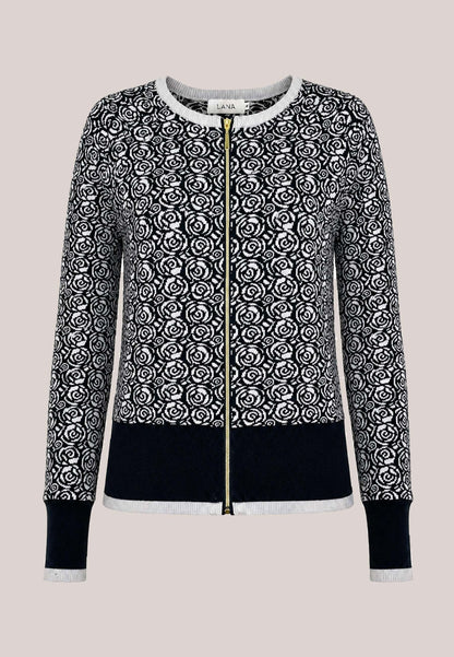 Jacke, Modell Alison mit schwarz-weißem Rosenmuster und Reißverschluss