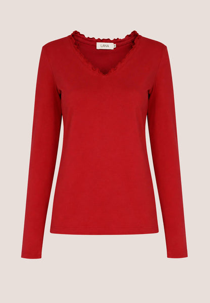 Shirt, Modell Conny in Rot mit langen Ärmeln und dekorativer V-Ausschnittkante