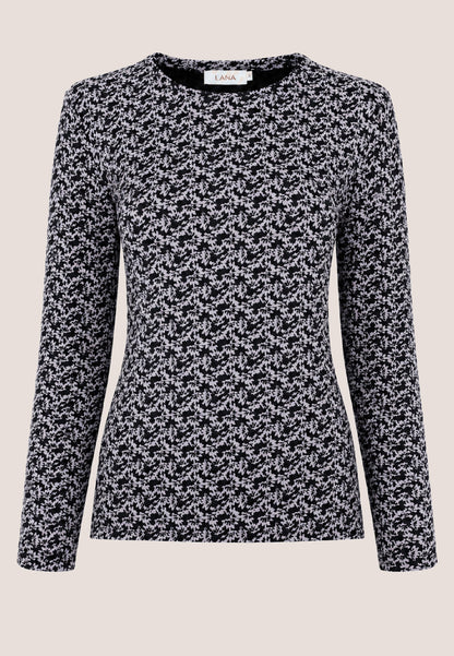 Shirt, Modell Nina mit schwarz-weißem Blumenmuster und langen Ärmeln