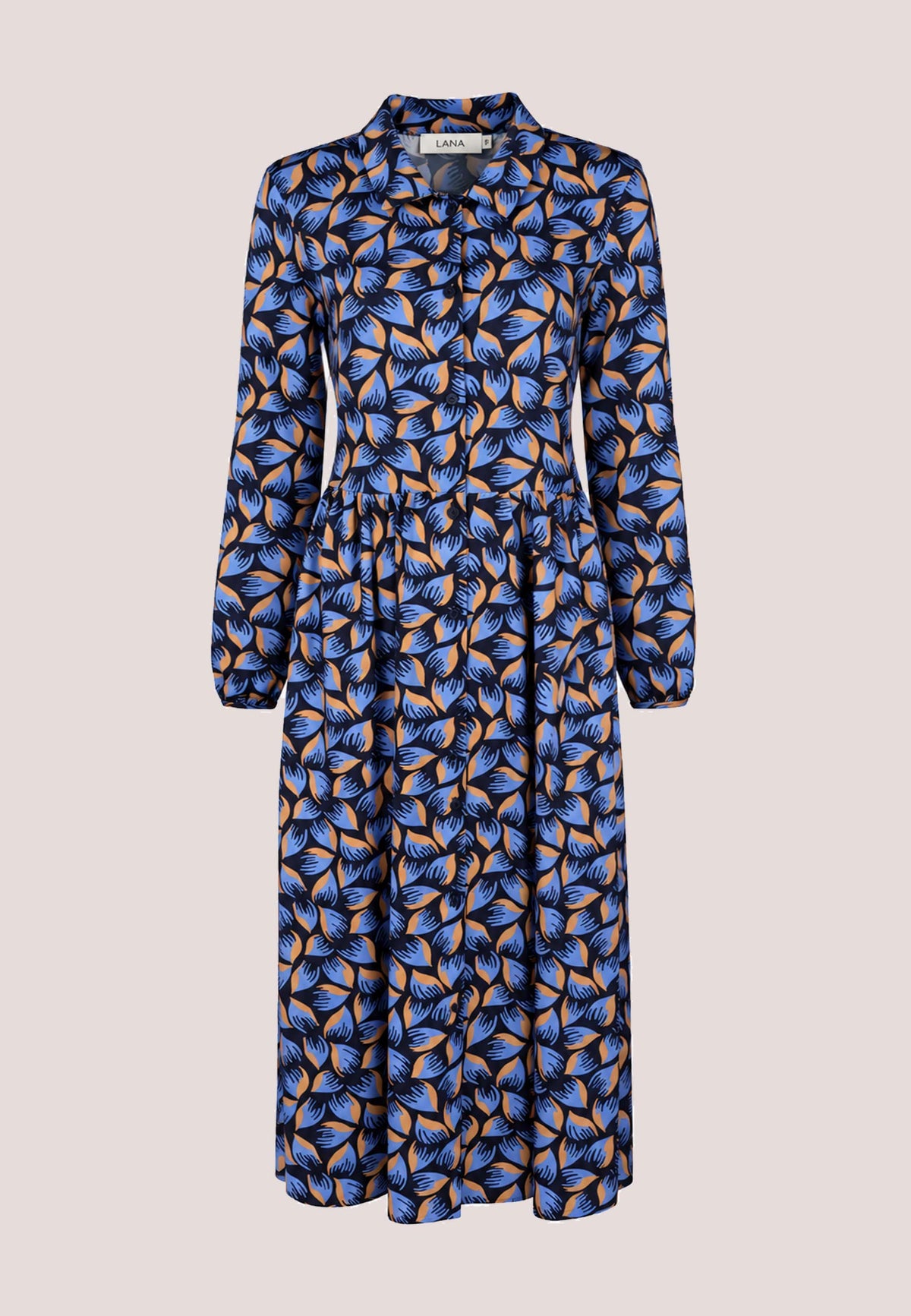 Kleid, Modell Kendra mit blauem Blättermuster und langen Ärmeln