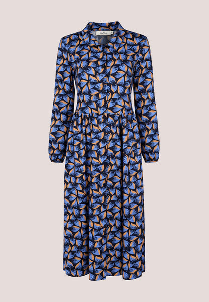 Kleid, Modell Kendra mit blauem Blättermuster und langen Ärmeln